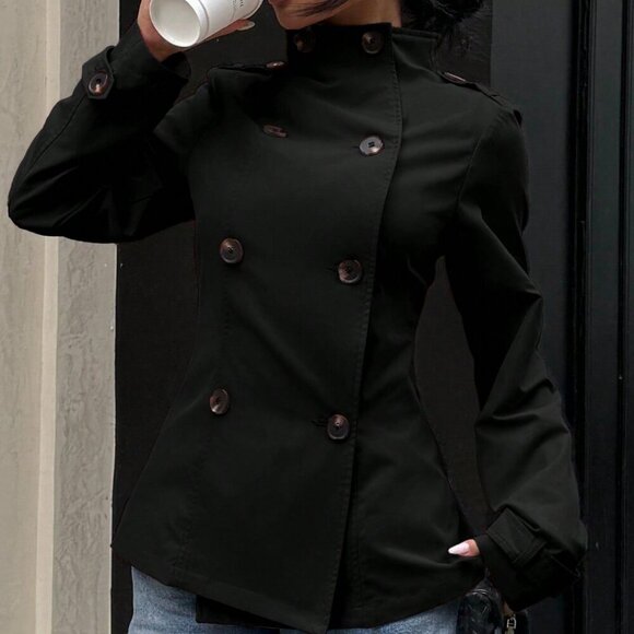 Black Casual Women's Double-Breasted Long Sleeve Trench mini Coat jacket - Picture 5 of 5